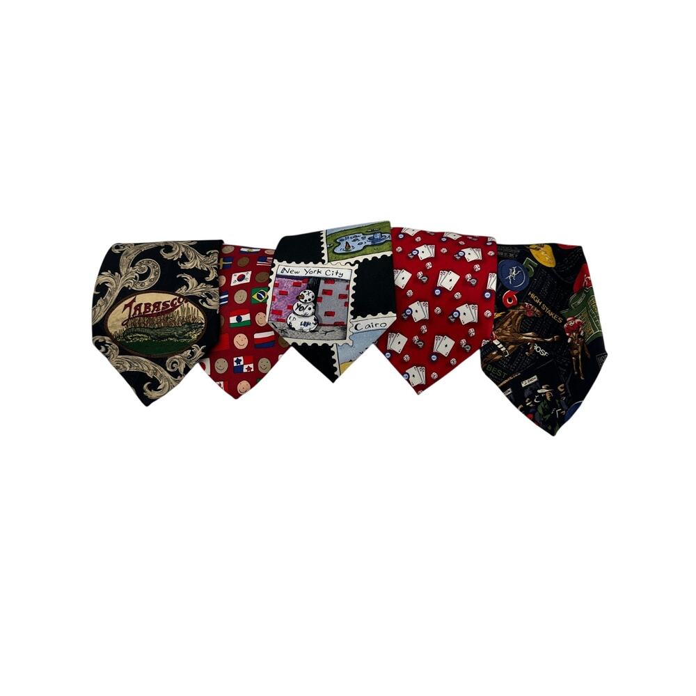 Men’s Novelty Silk Ties Lot – Casino, Travel, Cards, Flags, Tabasco – Fun Prints